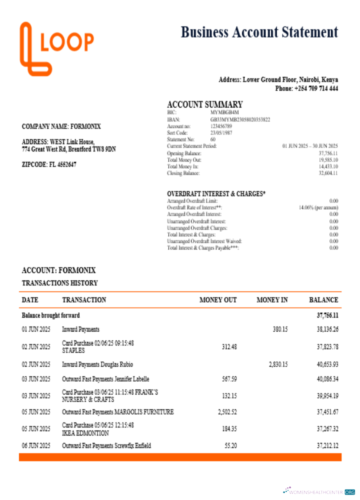 Download Kenya Loopa bank business firm account statement Word snd PDF format Photoshop template